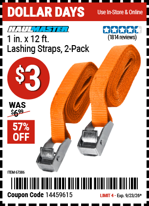 www.hfqpdb.com - HAUL-MASTER 1 IN. X 12 FT. LASHING STRAPS, 2-PACK Lot No. 67386