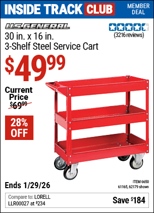www.hfqpdb.com - U.S. GENERAL 30 IN. X 16 IN., 3-SHELF STEEL SERVICE CART, RED Lot No. 62179/6650/61165