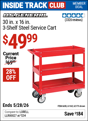 www.hfqpdb.com - U.S. GENERAL 30 IN. X 16 IN., 3-SHELF STEEL SERVICE CART, RED Lot No. 62179/6650/61165