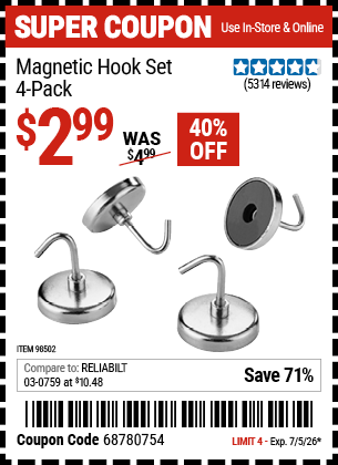www.hfqpdb.com - MAGNETIC HOOK SET, 4-PACK Lot No. 98502