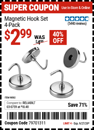 www.hfqpdb.com - MAGNETIC HOOK SET, 4-PACK Lot No. 98502