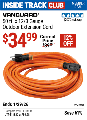 www.hfqpdb.com - VANGUARD 50 FT. X 12/3 GAUGE OUTDOOR EXTENSION CORD, ORANGE Lot No. 62942