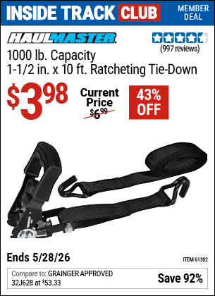 www.hfqpdb.com - HAUL-MASTER 1000 LB. CAPACITY, 1-1/2 IN. X 10 FT. RATCHETING TIE-DOWN Lot No. 61302
