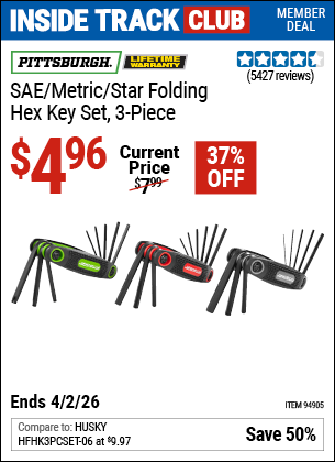 www.hfqpdb.com - PITTSBURGH SAE/METRIC/STAR FOLDING HEX KEY SET, 3-PIECE Lot No. 94905