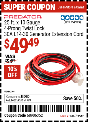 www.hfqpdb.com - PREDATOR 25 FT. X 10 GAUGE, 4-PRONG TWIST LOCK 30A L14-30 GENERATOR EXTENSION CORD Lot No. 62308