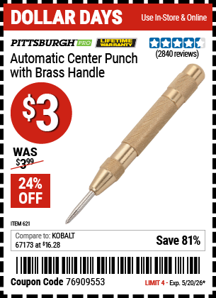 www.hfqpdb.com - PITTSBURGH PRO AUTOMATIC CENTER PUNCH WITH BRASS HANDLE Lot No. 621