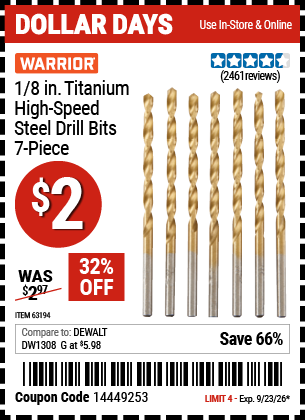 www.hfqpdb.com - WARRIOR 1/8 IN. TITANIUM HIGH-SPEED STEEL DRILL BITS, 7-PIECE Lot No. 63194