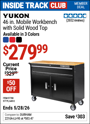 www.hfqpdb.com - YUKON 46 IN. MOBILE WORKBENCH WITH SOLID WOOD TOP Lot No. 64012/57779/57780