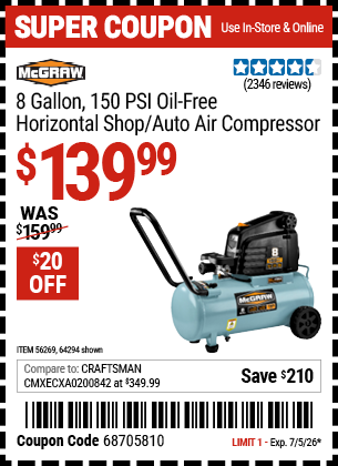 www.hfqpdb.com - MCGRAW 8 GALLON, 150 PSI OIL-FREE HORIZONTAL SHOP/AUTO AIR COMPRESSOR Lot No. 64294/56269