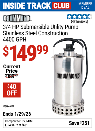 www.hfqpdb.com - DRUMMOND 3/4 HP SUBMERSIBLE UTILITY PUMP, STAINLESS STEEL CONSTRUCTION, 4400 GPH Lot No. 63477