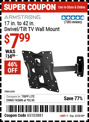Harbor Freight ARMSTRONG 17 IN. TO 42 IN. SWIVEL/TILT TV WALL MOUNT coupon