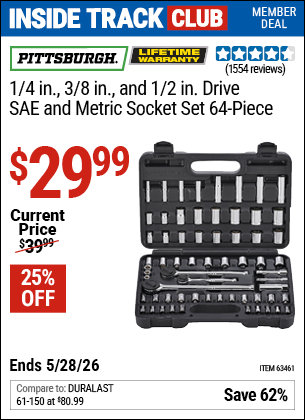 www.hfqpdb.com - PITTSBURGH 1/4 IN., 3/8 IN., AND 1/2 IN. DRIVE SAE AND METRIC SOCKET SET, 64-PIECE Lot No. 63461