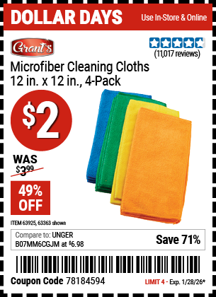 www.hfqpdb.com - GRANT'S MICROFIBER CLEANING CLOTHS 12 IN. X 12 IN., 4-PACK Lot No. 63363/63358/63925