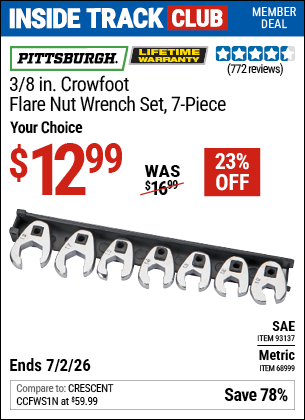 www.hfqpdb.com - PITTSBURGH 3/8 IN. CROWFOOT FLARE NUT WRENCH SET, 7-PIECE Lot No. 68999/93137
