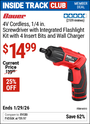 www.hfqpdb.com - BAUER 4V CORDLESS, 1/4 IN. SCREWDRIVER WITH INTEGRATED FLASHLIGHT KIT WITH 4 INSERT BITS AND WALL CHARGER Lot No. 64313