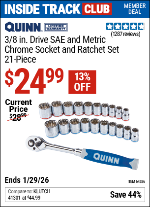 www.hfqpdb.com - QUINN 3/8 IN. DRIVE SAE AND METRIC CHROME SOCKET AND RATCHET SET, 21-PIECE Lot No. 64536