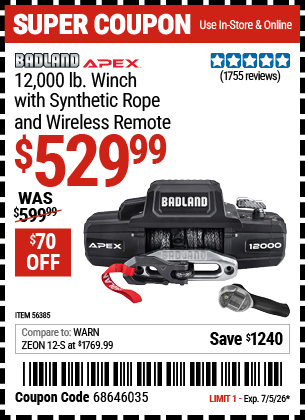 Harbor Freight BADLAND APEX 12,000 LB. WINCH WITH SYNTHETIC ROPE AND WIRELESS REMOTE coupon