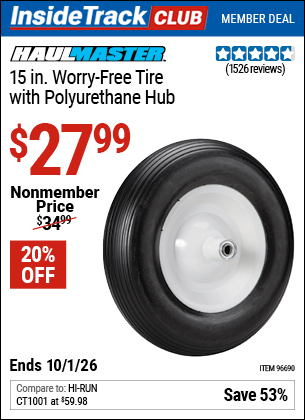 www.hfqpdb.com - HAUL-MASTER 15 IN. WORRY-FREE TIRE WITH POLYURETHANE HUB Lot No. 96690/62640