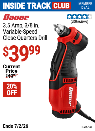 www.hfqpdb.com - BAUER 3.5 AMP, 3/8 IN. VARIABLE-SPEED CLOSE QUARTERS DRILL Lot No. 57148