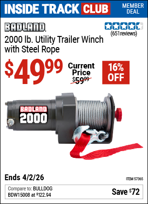 www.hfqpdb.com - BADLAND 2000 LB. UTILITY TRAILER WINCH WITH STEEL ROPE Lot No. 57365