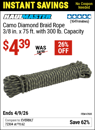 www.hfqpdb.com - HAUL-MASTER CAMO DIAMOND BRAID ROPE, 3/8 IN. X 75 FT. WITH 300 LB. CAPACITY Lot No. 47835
