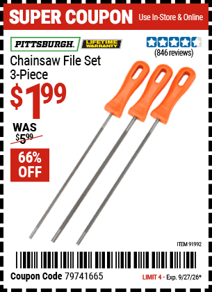 www.hfqpdb.com - PITTSBURGH CHAINSAW FILE SET, 3-PIECE Lot No. 91992