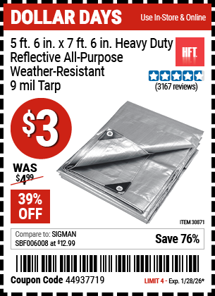 www.hfqpdb.com - HFT 5 FT. 6 IN. X 7 FT. 6 IN. HEAVY DUTY REFLECTIVE ALL-PURPOSE WEATHER-RESISTANT 9 MIL TARP Lot No. 30871