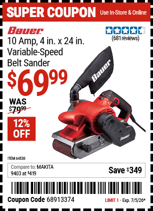 www.hfqpdb.com - BAUER 10 AMP, 4 IN. X 24 IN. VARIABLE-SPEED BELT SANDER Lot No. 64530