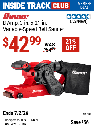 www.hfqpdb.com - BAUER 8 AMP, 3 IN. X 21 IN. VARIABLE-SPEED BELT SANDER Lot No. 57587