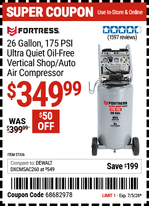 www.hfqpdb.com - FORTRESS 26 GALLON, 175 PSI ULTRA QUIET OIL-FREE VERTICAL SHOP/AUTO AIR COMPRESSOR Lot No. 57336
