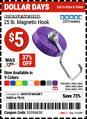 www.hfqpdb.com - U.S. GENERAL 25 LB. MAGNETIC HOOK Lot No. 58830/58051/58052/58106/58054/58069/58053/58055