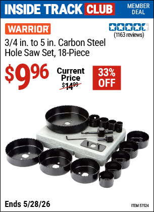 www.hfqpdb.com - WARRIOR 3/4 IN. TO 5 IN. CARBON STEEL HOLE SAW SET, 18-PIECE Lot No. 57524