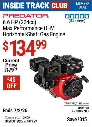 www.hfqpdb.com - PREDATOR 6.6 HP (224CC) MAX PERFORMANCE OHV HORIZONTAL-SHAFT GAS ENGINE Lot No. 71415/57493/72834