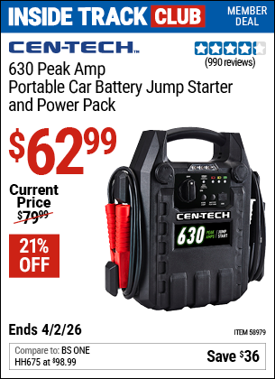 www.hfqpdb.com - CEN-TECH 630 PEAK AMP PORTABLE CAR BATTERY JUMP STARTER AND POWER PACK Lot No. 58979