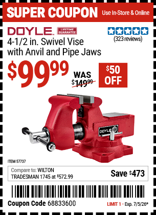 Harbor Freight DOYLE 4-1/2 IN. SWIVEL VISE WITH ANVIL AND PIPE JAWS coupon