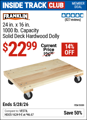 www.hfqpdb.com - FRANKLIN 24 IN. X 16 IN., 1000 LB. CAPACITY SOLID DECK HARDWOOD DOLLY Lot No. 59309