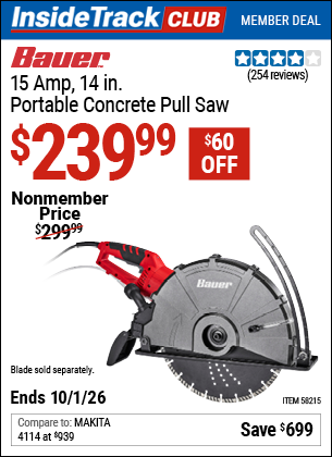 www.hfqpdb.com - BAUER 15 AMP, 14 IN. PORTABLE CONCRETE PULL SAW Lot No. 58215