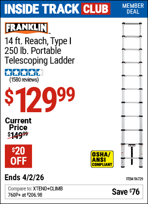 www.hfqpdb.com - FRANKLIN 14 FT. REACH, TYPE I, 250 LB. PORTABLE TELESCOPING LADDER Lot No. 56729