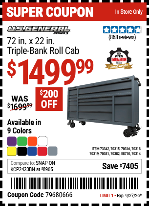 www.hfqpdb.com - U.S. GENERAL 72 IN. X 22 IN. TRIPLE-BANK ROLL CAB, SERIES 3 Lot No. 58710/70314/70315/70316/70318/70319/70381/70382/73342