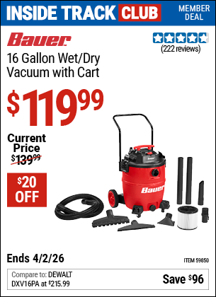 www.hfqpdb.com - BAUER 16 GALLON WET/DRY VACUUM WITH CART Lot No. 59850