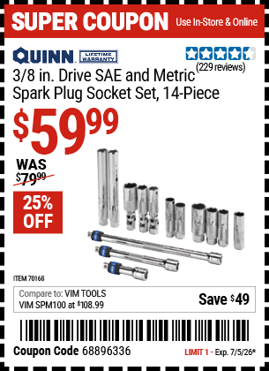 www.hfqpdb.com - QUINN 3/8 IN. DRIVE SAE AND METRIC SPARK PLUG SOCKET SET, 14-PIECE Lot No. 70168