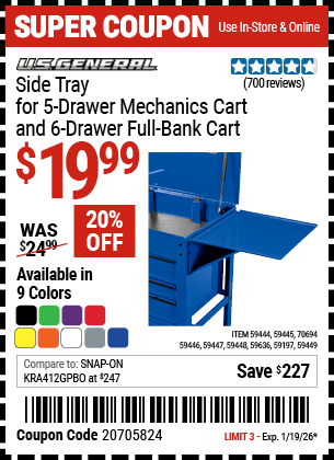 Harbor Freight U.S. GENERAL SIDE TRAY FOR 5-DRAWER MECHANICS CART AND 6-DRAWER FULL-BANK CART coupon