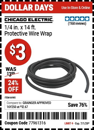 www.hfqpdb.com - CHICAGO ELECTRIC 1/4 IN. X 14 FT. PROTECTIVE WIRE WRAP Lot No. 66985