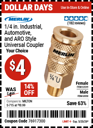 www.hfqpdb.com - MERLIN 1/4 IN. INDUSTRIAL, AUTOMOTIVE, AND ARO STYLE UNIVERSAL COUPLER Lot No. 63549