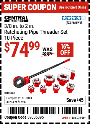 www.hfqpdb.com - CENTRAL MACHINERY 3/8 IN. TO 2 IN. RATCHETING PIPE THREADER SET, 10-PIECE Lot No. 58352