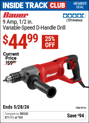 www.hfqpdb.com - BAUER 9 AMP, 1/2 IN. VARIABLE-SPEED D-HANDLE DRILL Lot No. 59716