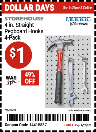 www.hfqpdb.com - STOREHOUSE 4 IN. STRAIGHT PEGBOARD HOOKS, 4-PIECE Lot No. 65470