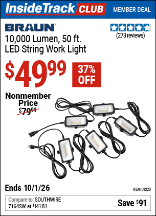 www.hfqpdb.com - BRAUN 10,000 LUMEN, 50 FT. LED STRING WORK LIGHT Lot No. 59223
