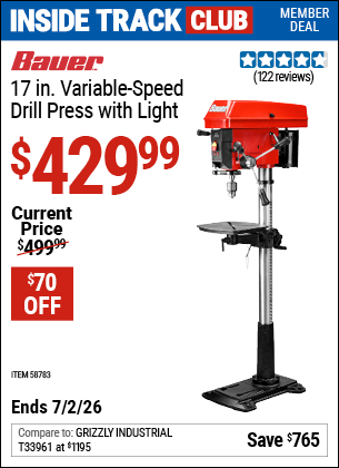 www.hfqpdb.com - BAUER 17 IN. VARIABLE-SPEED DRILL PRESS WITH LIGHT Lot No. 58783