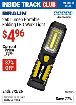 www.hfqpdb.com - BRAUN 250 LUMEN PORTABLE FOLDING LED WORK LIGHT Lot No. 71076